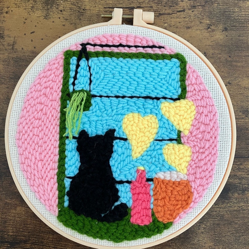 Black Cat Punch Needle Art, Needle Punch, Wall Decor, Embroidery Hoop Art